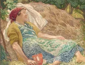 Narrative oil painting End of the Story (1941) by Herbert Ashwin Budd showing an interior domestic scene.
