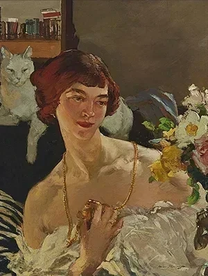 Color portrait painting of Helen Margaret Mackenzie, seated in a white dress, holding flowers, with a cat sitting on a shelf behind her.