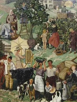 Narrative oil painting In The Country by Herbert Ashwin Budd showing a busy scene of rural life with farmers, animals, and children.