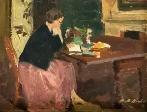 Oil painting by Herbert Ashwin Budd titled Interior, depicting a woman seated at a table with a chessboard and books.