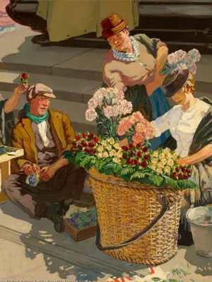 Oil painting of flower sellers in Piccadilly, London, by Herbert Ashwin Budd (1924).