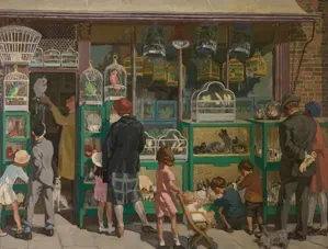 Cityscape oil painting The Bird Shop by Herbert Ashwin Budd (1920) showing a storefront with cages.