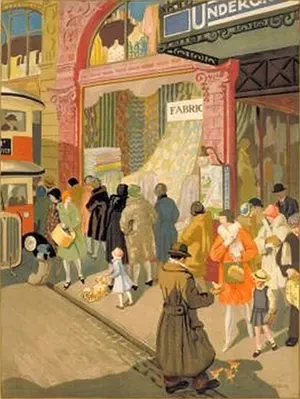 London Transport poster by Herbert Ashwin Budd featuring a busy street scene outside a fabric shop to promote off-peak travel.